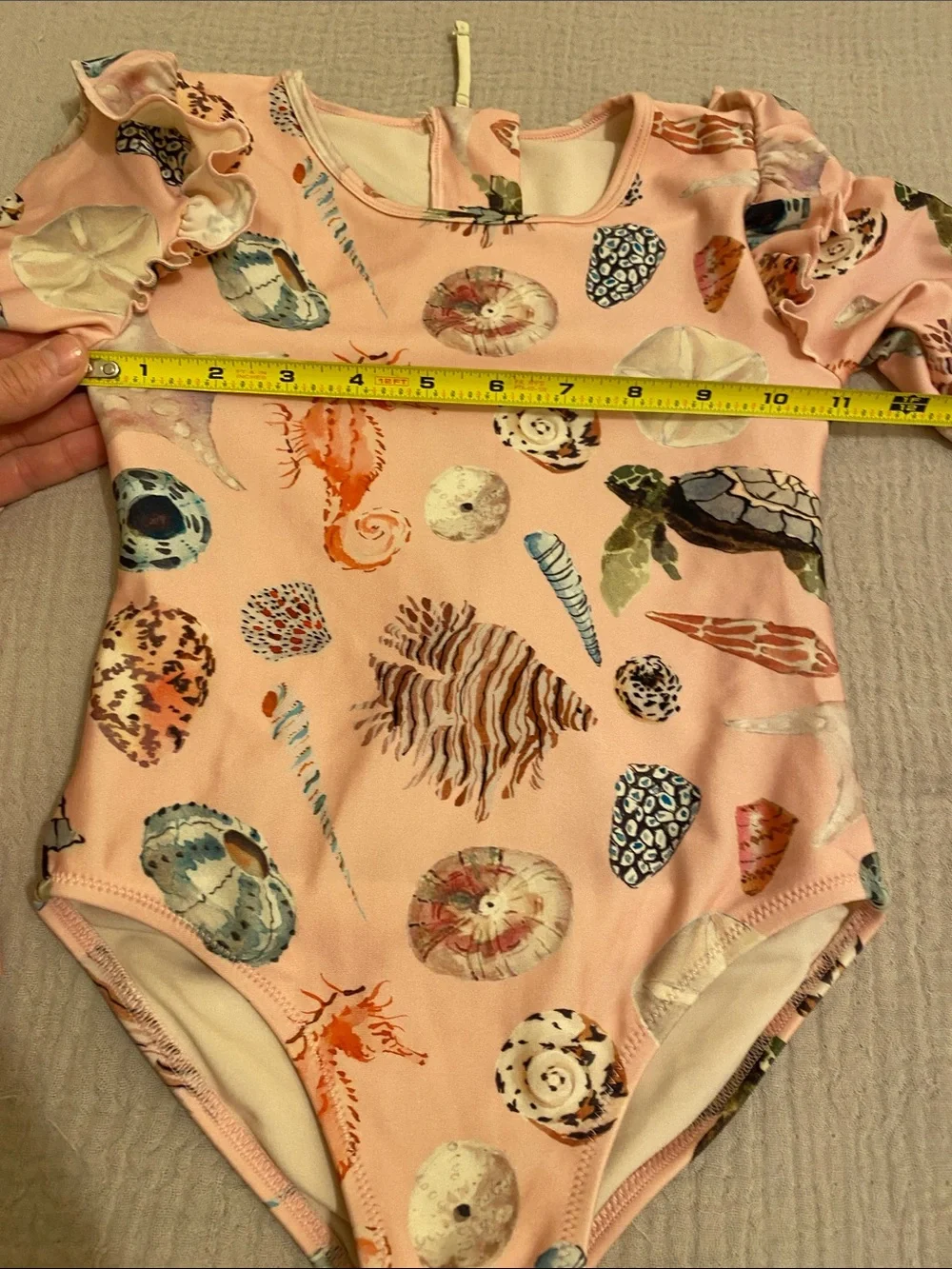 Pink Chicken Pink Seashell & Marine Print Long-Sleeve One-Piece Swimsuit. Size 7